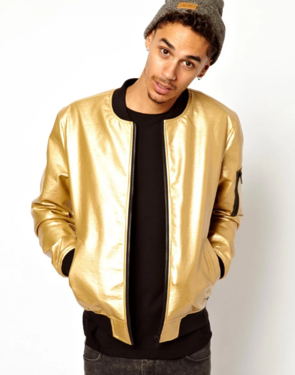 Jaket Bomber Kulit Sintetis dengan Detail Ritsleting Emas